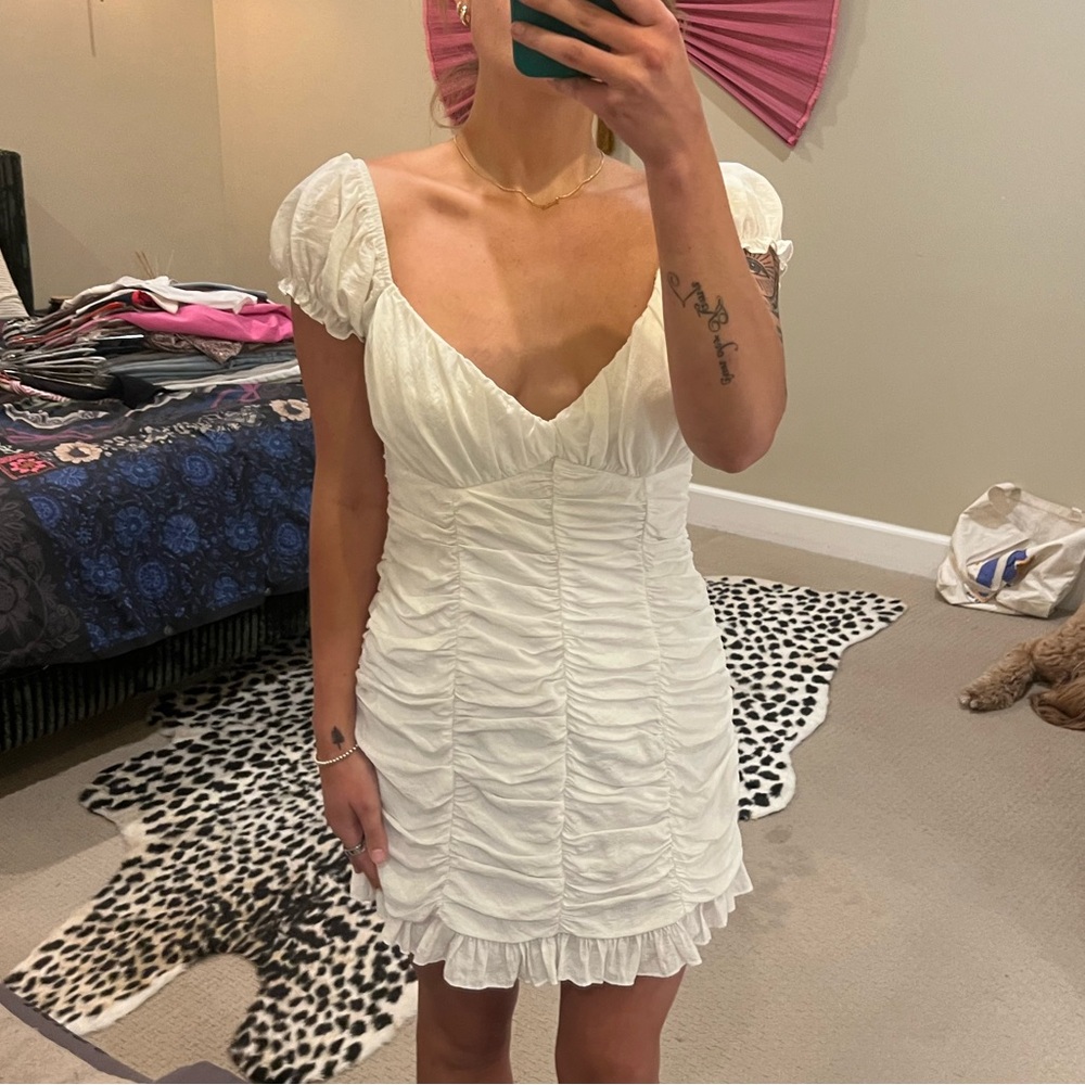 Chic White Ruched Mini Dress - Picture 4 of 7